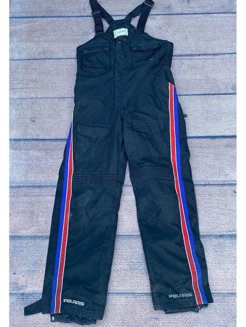 Polaris vintage Snowmobile snow pants black tricolor racing stripe retro L tall